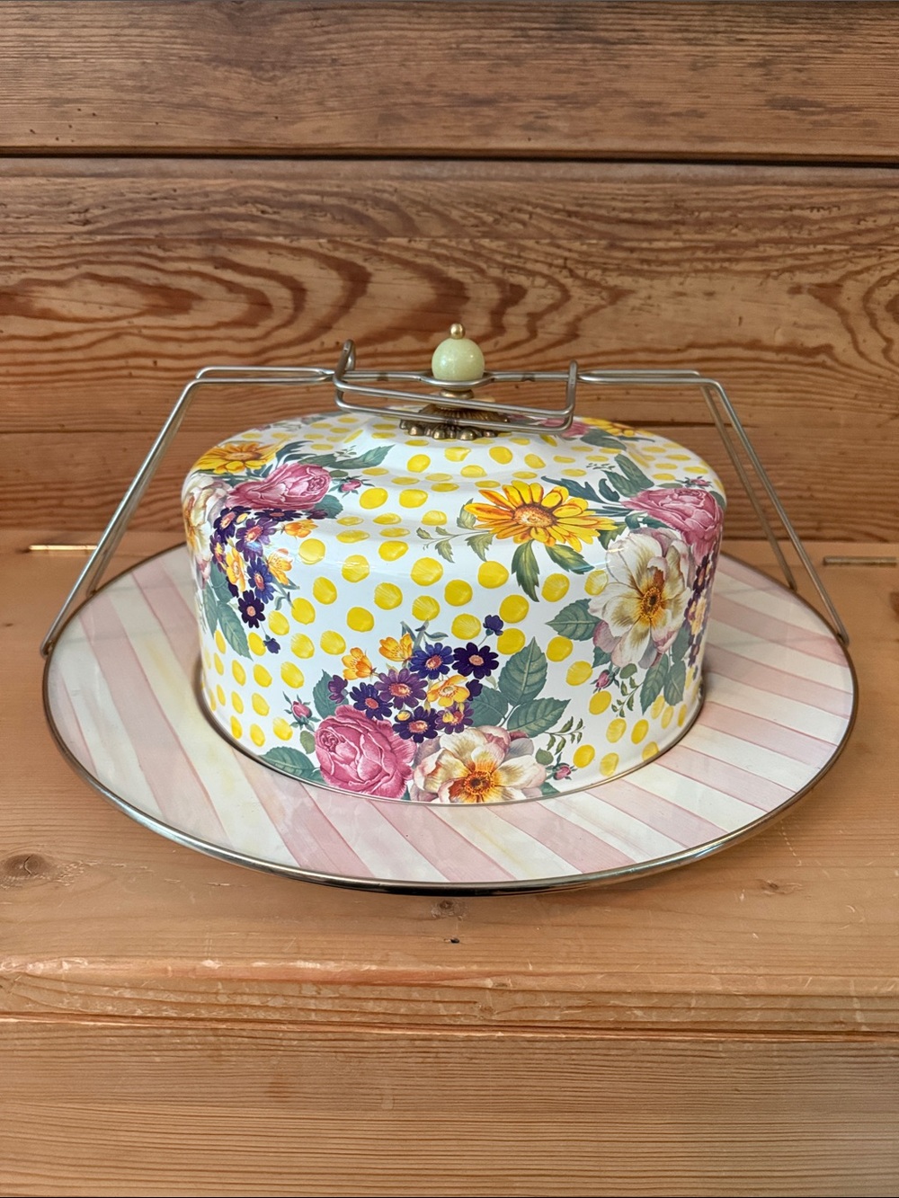 MacKenzie-Childs Enamel Cake Carrier w/Retired Buttercup Yellow Dot & Floral